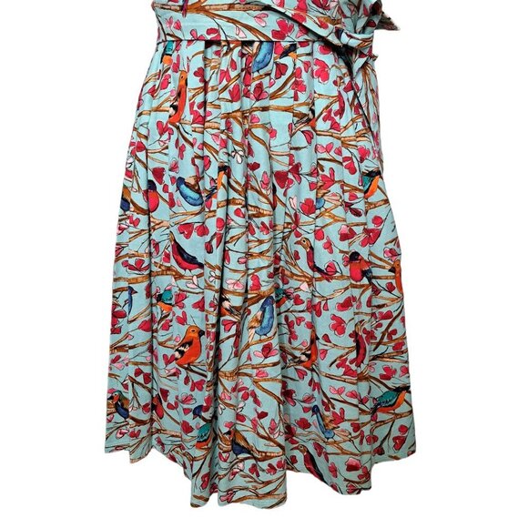 52 Greek Street Green V-Neck Cardinal Bird Print Fit Flare Pleated Dress 40/10 - Picture 4 of 6